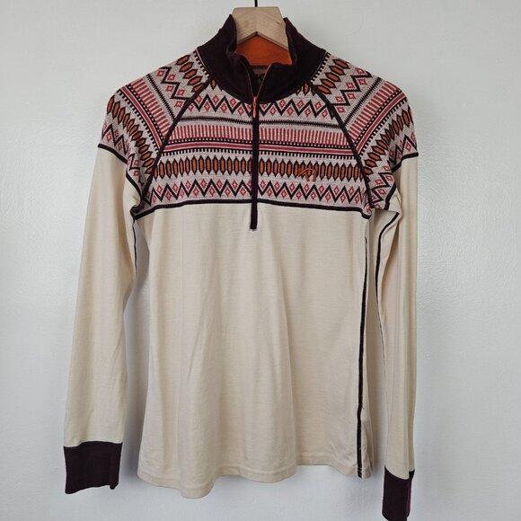 Kari Traa Lokke Half Zip Base Layer Pullover Top Sz L Ivory Burgundy Fair Isle‎ - Picture 2 of 9